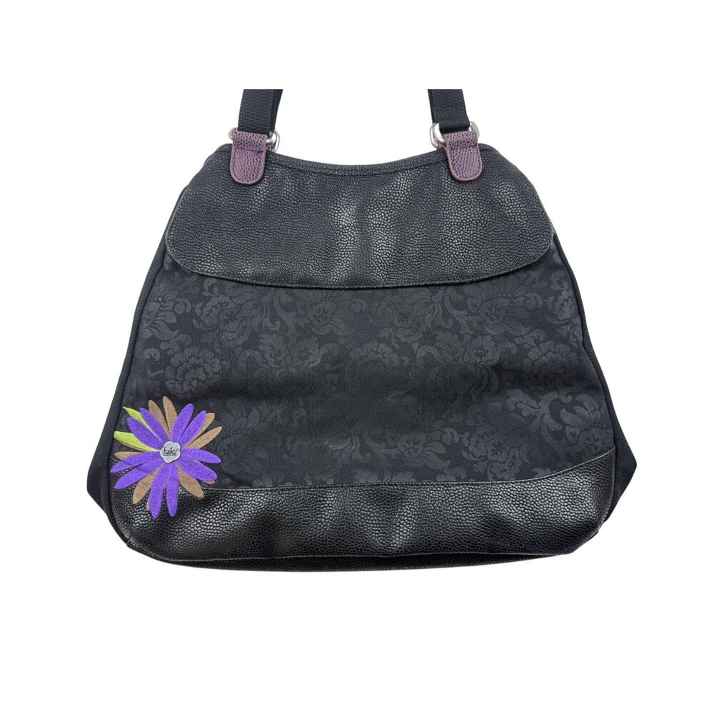 HAIKU Laptop Satchel Tote Purple Flower Black Shoulder Bag Large Leather Purse - Picture 2 of 16